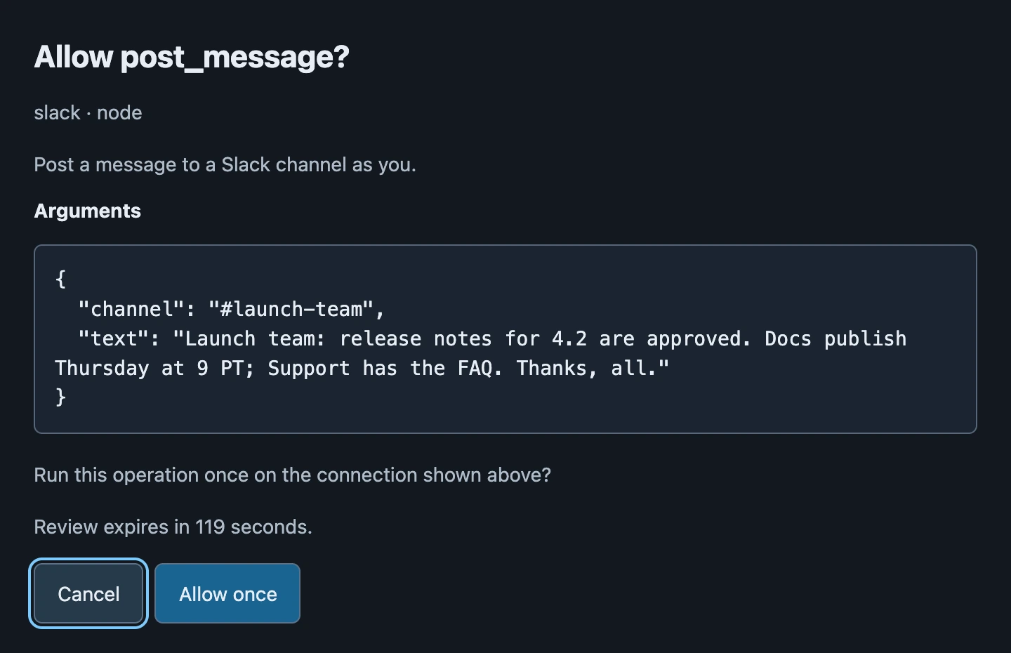 Review window showing a Slack post and its exact arguments