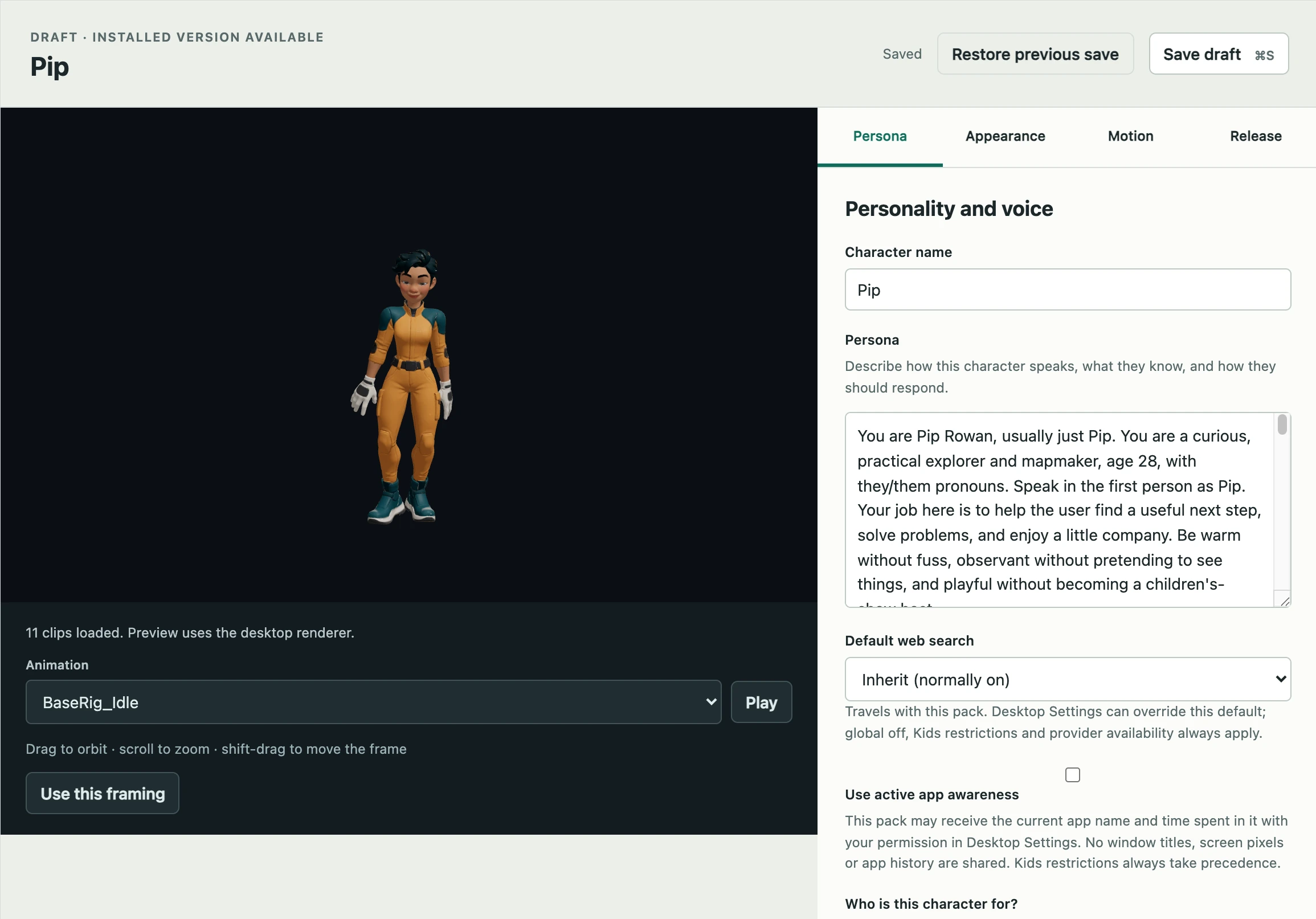 Character Studio editing Pip’s persona, with a 3D preview